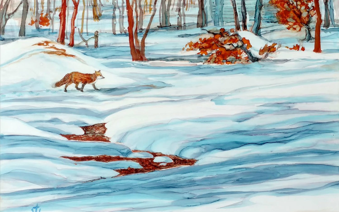alcohol ink painting of red fox in snowy landscapes