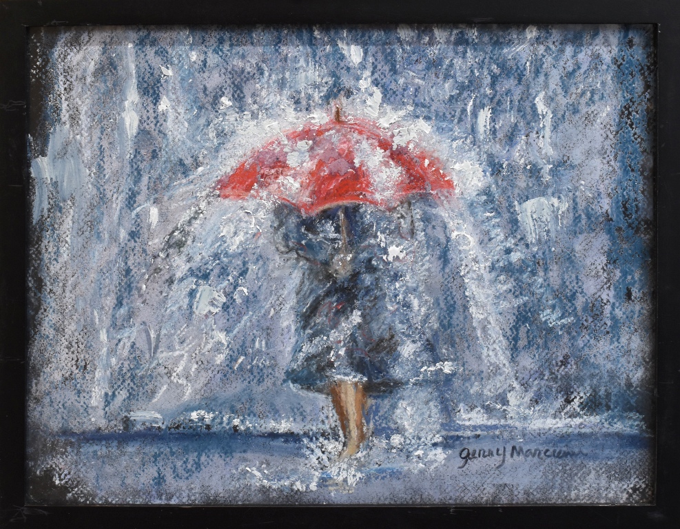 painting of person under umbrella in rain storm