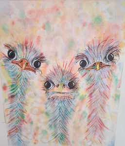 water color image of 3 baby emus