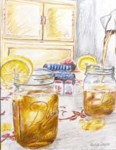 painting of iced tea in mason jar glasses with a slice of lemon on the rim, on a kitchen table
