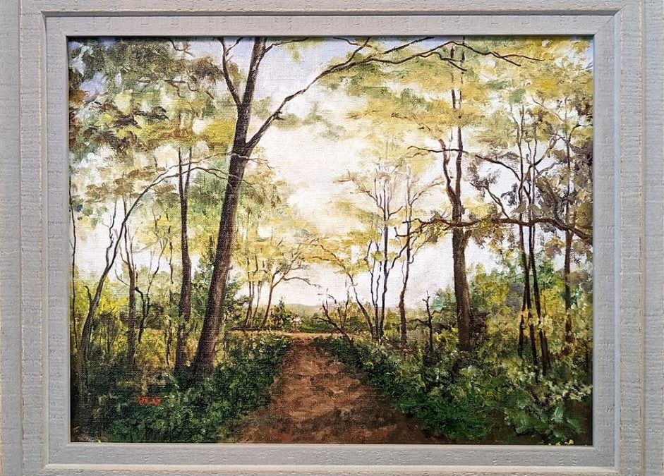 oil painting of a shady country lane with a mailbox at the very end
