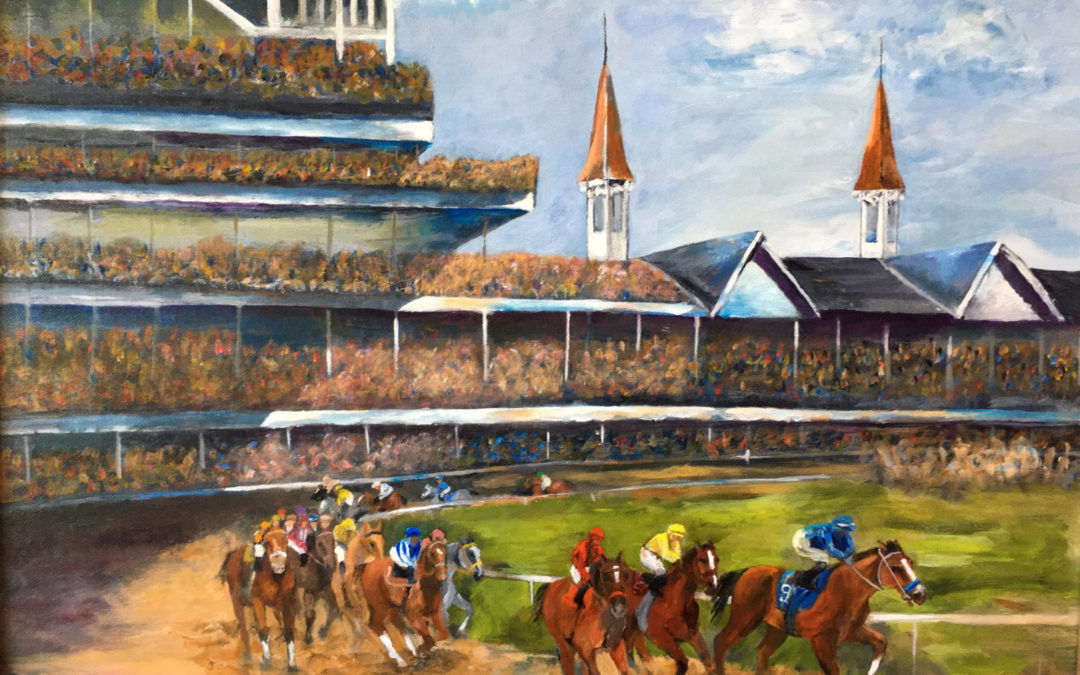 Oil painting of horse race at Churchill Downs