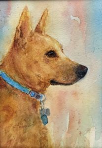 Water color painting of dog against pastel background