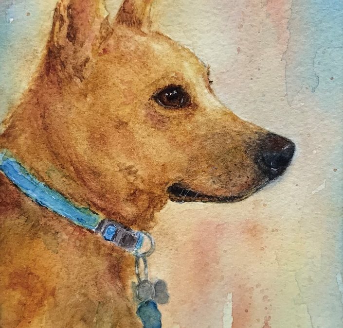 Water color painting of dog against pastel background