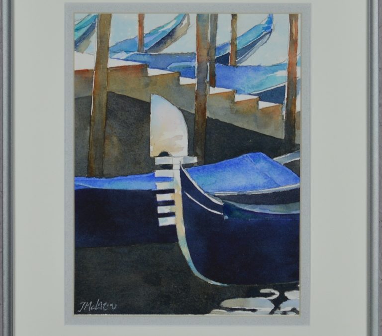 water color painting of boats next to stairs on the Grand Canal in Venice