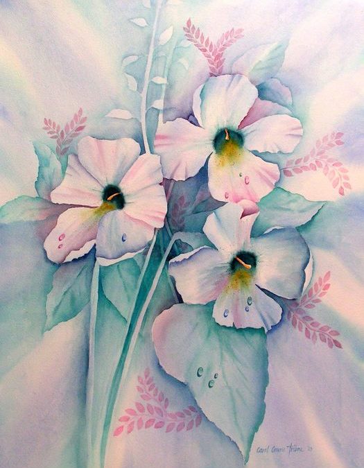 water color painting of flowers in tones of teal and pink