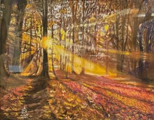 Painting of sunrays low in the sky shining through autumn colored trees