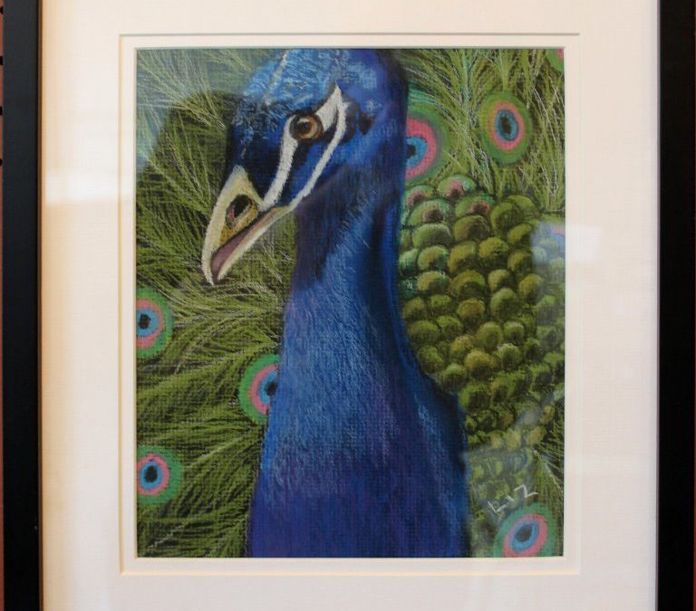 close up painting of blue peacock with green feathers behind