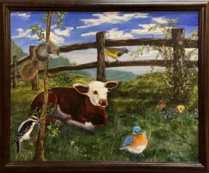 painting of pastoral setting with brown and white calf laying in the grass in front of wooden fence. A squirrel, woodpecker, robin, another bird with yellow breast and butterflies are also basking in the sunshine.