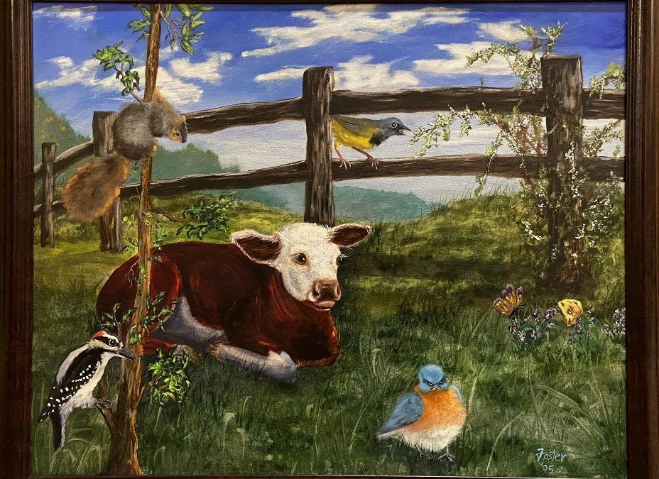 painting of pastoral setting with brown and white calf laying in the grass in front of wooden fence. A squirrel, woodpecker, robin, another bird with yellow breast and butterflies are also basking in the sunshine.