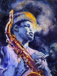 Painting of a jazz saxophone player encircled by cigarette smoke