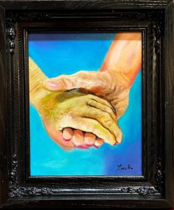 painting of two hands clasped together on blue background