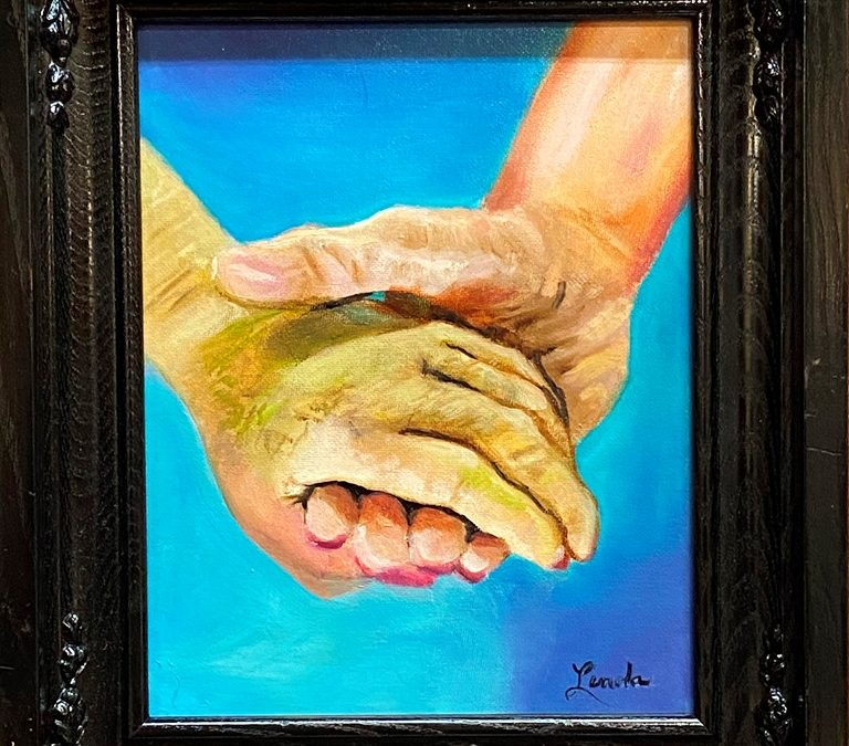painting of two hands clasped together on blue background