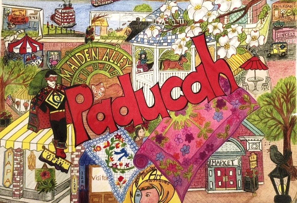 Color pencil collage image of Paducah Ky incorporating local scenes and images