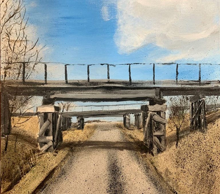 Painting of a desolate area with a dirt road headed away from the viewer as it passes beneath two other bridges.