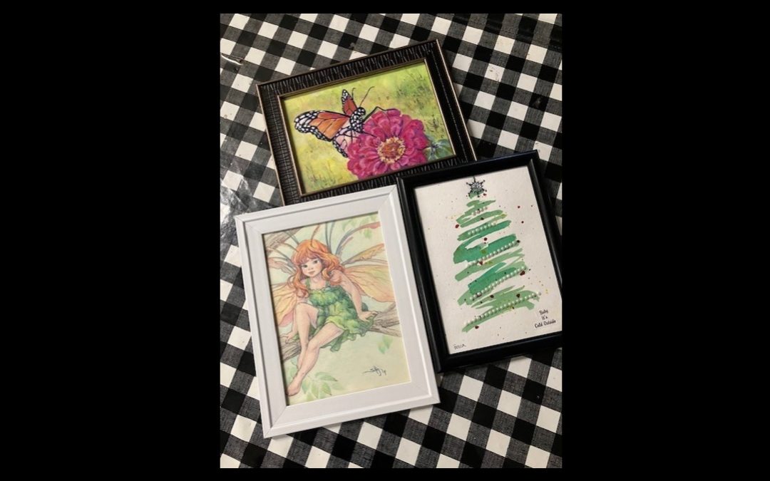 picture of 3 miniature oil paintings. One with butterfly on flower, one with fairy and one with Christmas tree