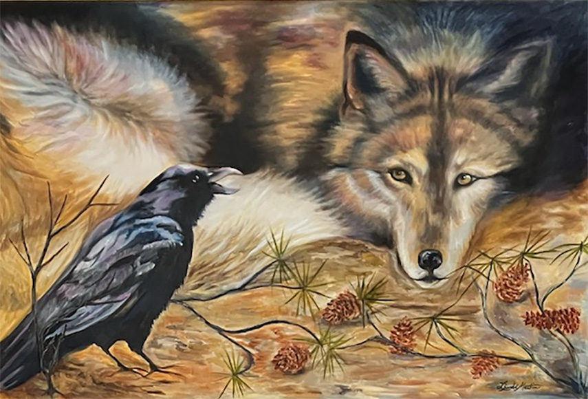oil painting in earthy tones of a raven on the ground that appears to be in conversation with a wolf curled up on the ground next to it