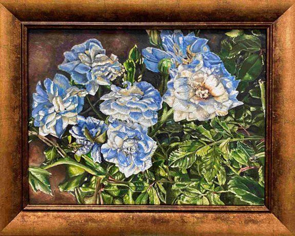 oil painting of flowers in shades of blue against leaves of green