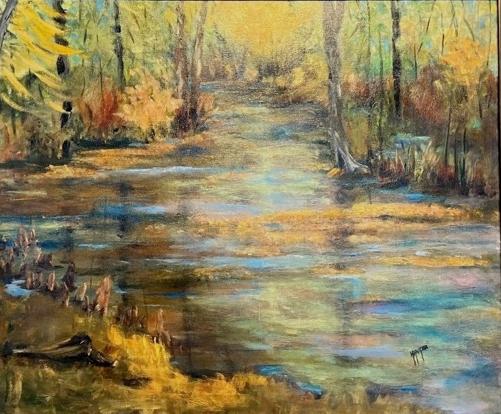 oil painting depicting cypress trees with knees in multicolor water