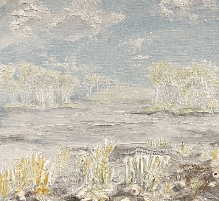 painting of a beach scene. Colors are mostly white and blue with sandy accents in the foreground of the painting. It is very textured with sand and seashells