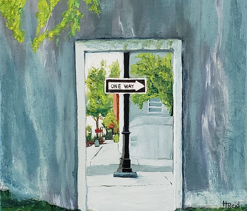 Painting of an opening in the Paducah flood wall through which can be seen a pole with a one-way sign
