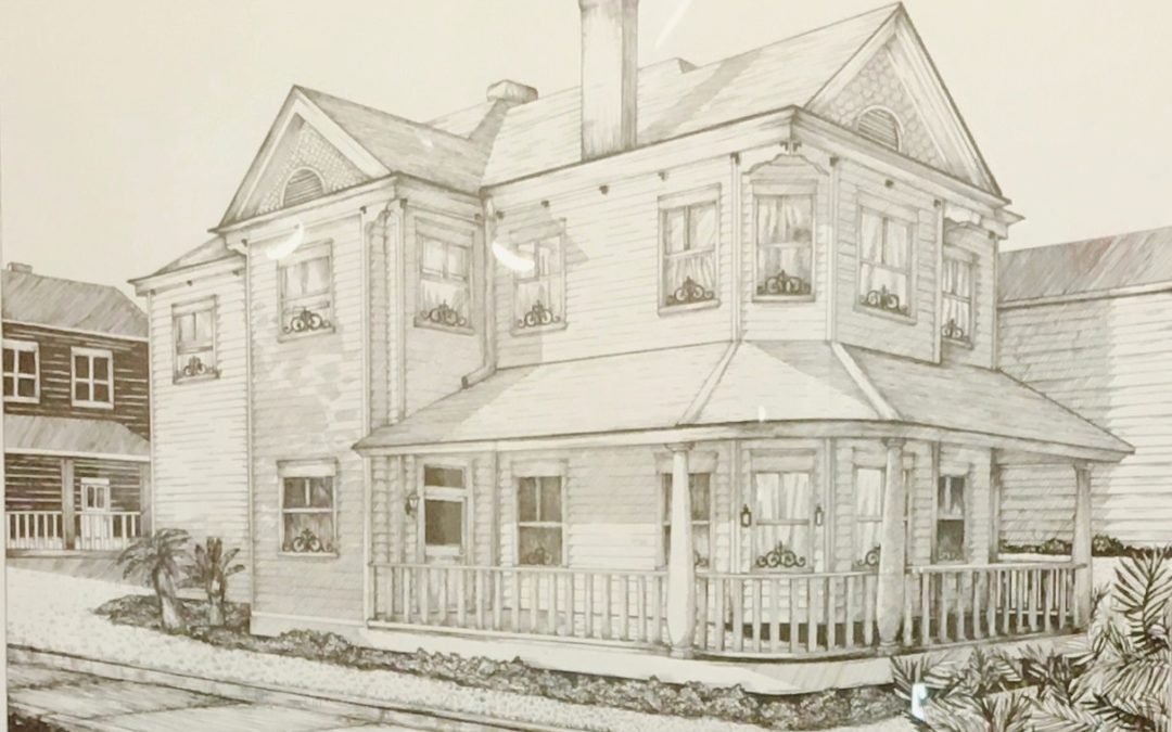 ink drawing of two story house with wrap around porch