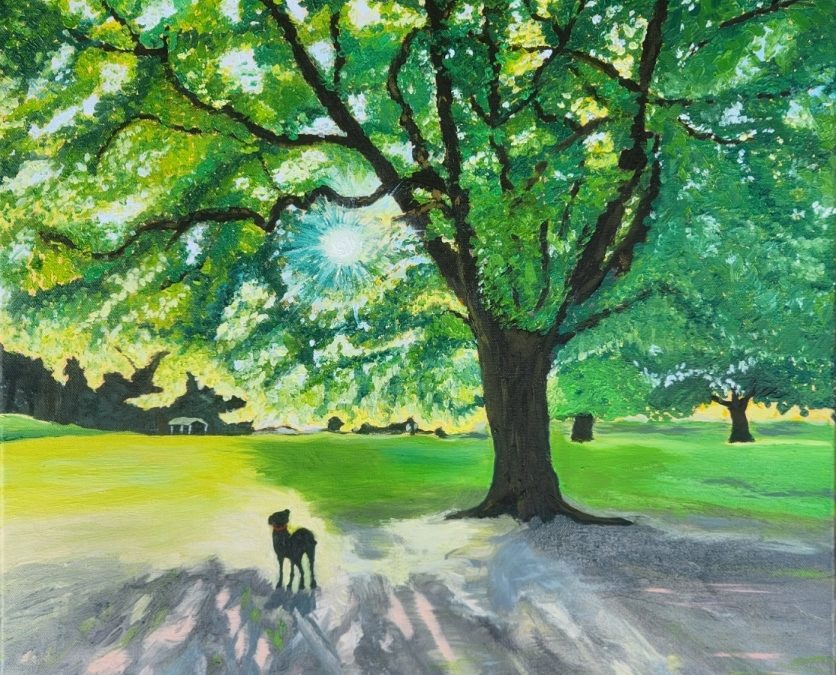 painting of a sunny day with a large tree casting a shadow toward the viewer A dog is under the tree and there's green grass and other trees in the background
