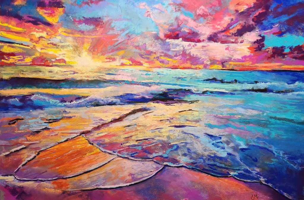 very colorful beach scene at sunset. Imagine hues of turquoise, pink, orange, purple in the sky and the waves washing up on shore.