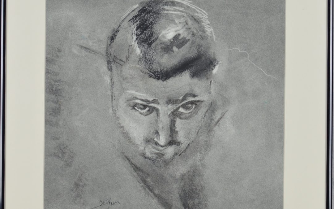 Charcoal image of a man's head with only impressions of the background. He is looking forward and is very focused on something. The title and the way he's posed seem to imply he might be playing pool but the artist has left it to your imagination
