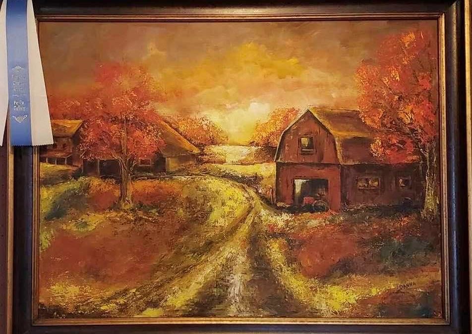 painting of a sunset in a bucolic setting in autumn colors