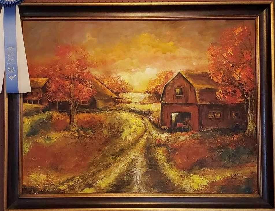 painting of a sunset in a bucolic setting in autumn colors
