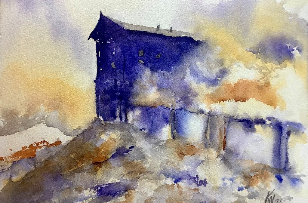 water color image of a large 2 story building in blue surrounded by earthy toned shapes suggesting overgrowth