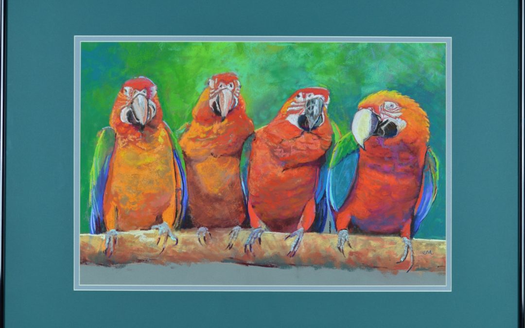 colorful painting of 4 birds lined up together Their breasts are bright orange and golds with wings in shades of blue against a bright green background