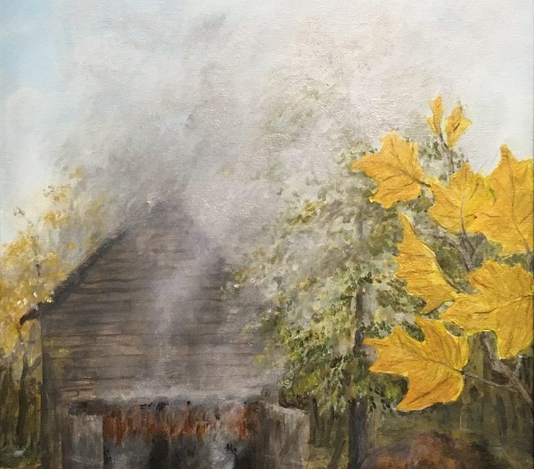 image of a barn full of hanging tobacco with smoke pouring out all openings. Next to the barn is a tree with golden leaves leaving no doubt the time of year is autumn.