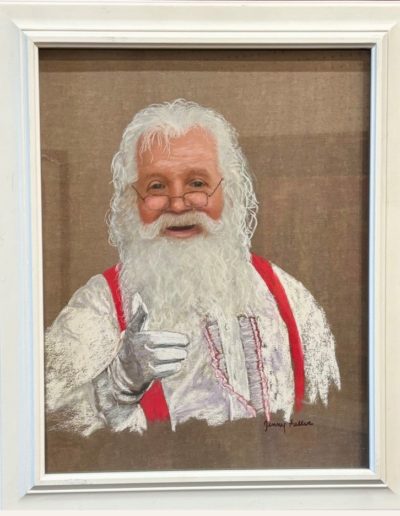 pastel painting of Santa Clause in white shirt with red suspenders. He's looking at viewer and pointing with his right hand as if he's saying something important.