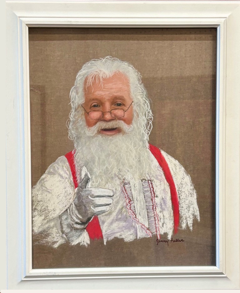 pastel painting of Santa Clause in white shirt with red suspenders. He's looking at viewer and pointing with his right hand as if he's saying something important.