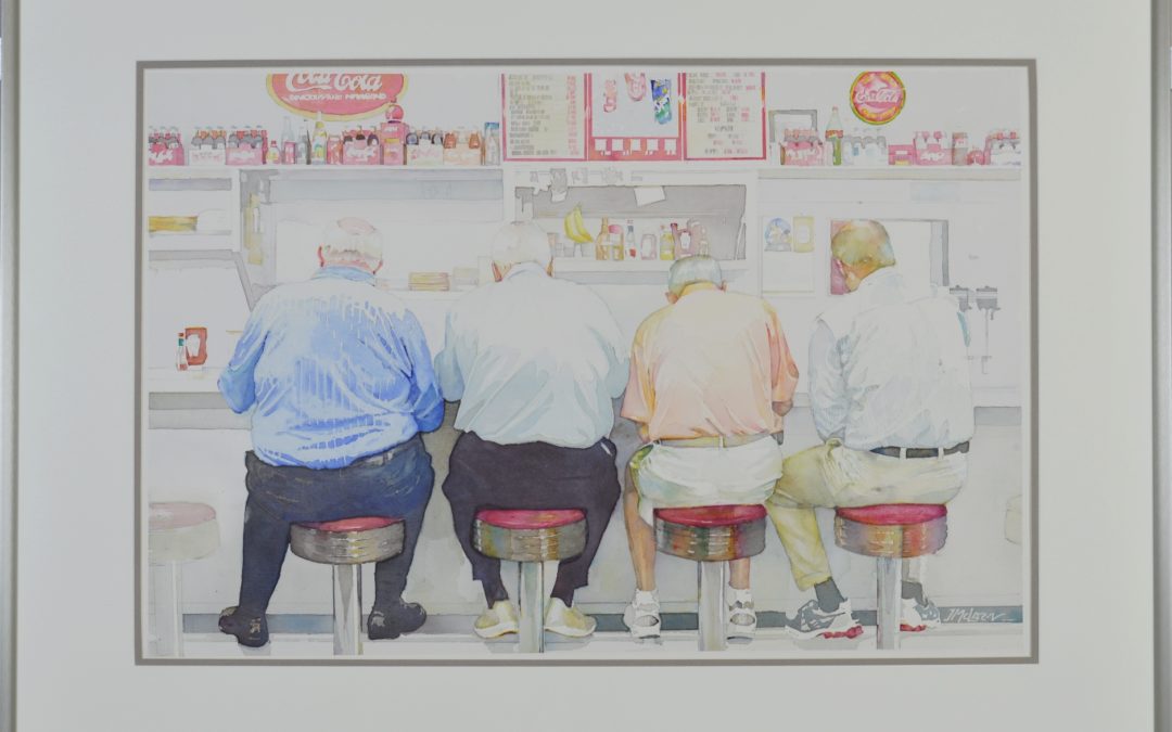 water color painting of four older men sitting side by side on stools at the counter of a soda fountain. Their backs are to the viewer and various colas etc are on the wall behind the counter