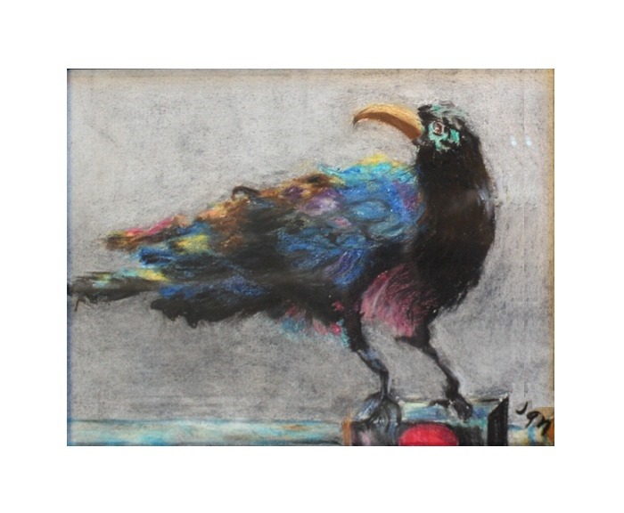 painted image of raven perched atop a red traffic light. It's feathers reflect several colors including blue, yellow and purple