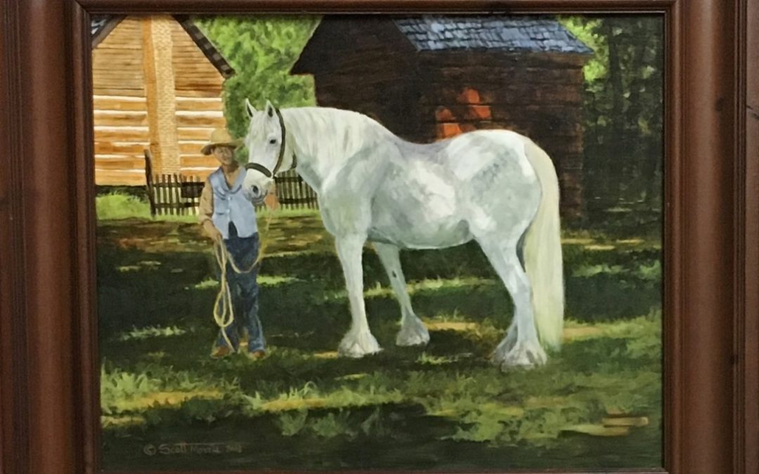 painting of a large white horse and his human. They are standing on green grass that's mottled with shade with a log cabin and outbuilding in the background