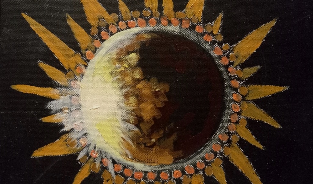 Painting to depict a solar eclipse. Background is dark with sun partially obscured and yellow rays extending from center orb