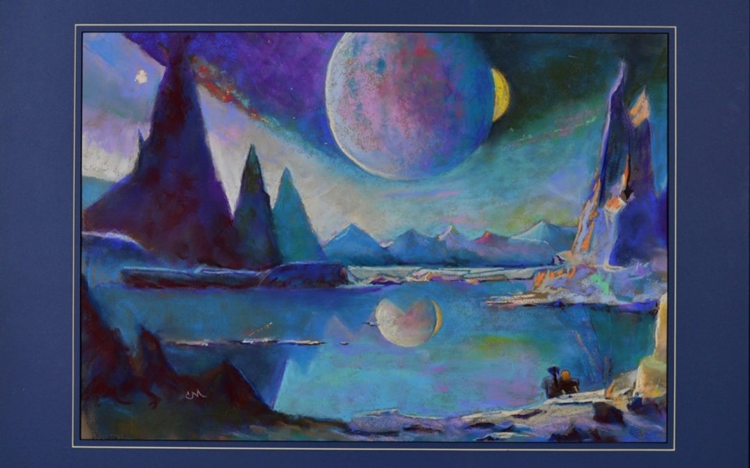 pastel painting of imaginary landscape in blues and violets. There's water in the foreground with spikey mountains surrounding. There's a large moon hanging low and it looks like there's another moon behind it barely peeking around the side