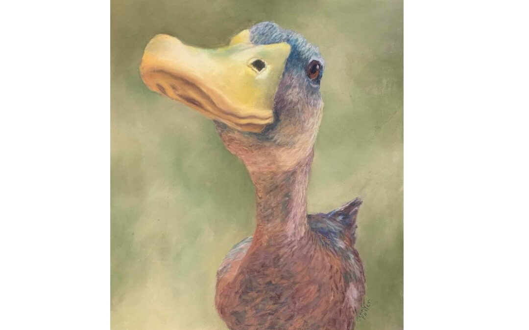 painting of a duck who has it's beak close to the viewer as if up against a camera lens