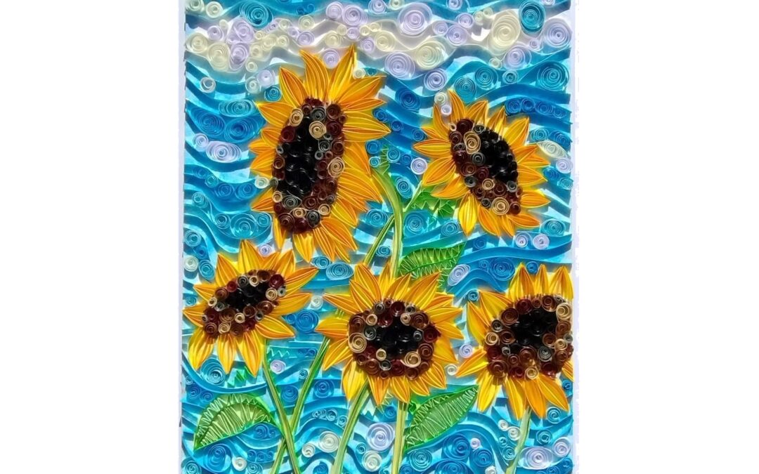 mixed media image of sunflower blossoms against a blue background with seed like swirls throughout