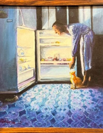 painting of a person in a bath robe stooped over looking in the refrigerator. He holds the door with his right hand and pets the cat with his left. It's dark in the room and the refrigerator spills a circle of light into the room