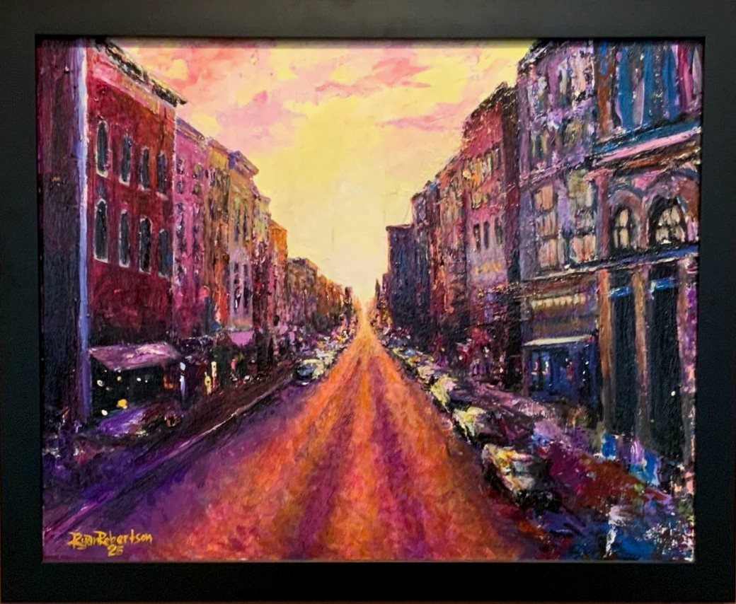 Ryan Robertson - Broadway at Sunset pastel painting of Santa Clause in white shirt with red suspenders. He's looking at viewer and pointing with his right hand as if he's saying something important.