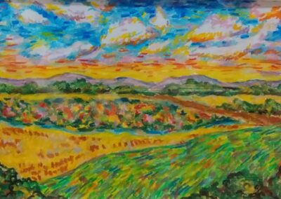impressionistic landscape painting with mountains in the distance and colorful fields