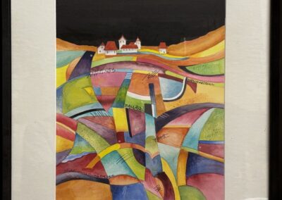 colorful painting of an imaginary village perched on a ridgeline beyond miles of patchwork fields