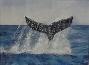 Painting of a blue ocean with the splashing tale of a whale above the water