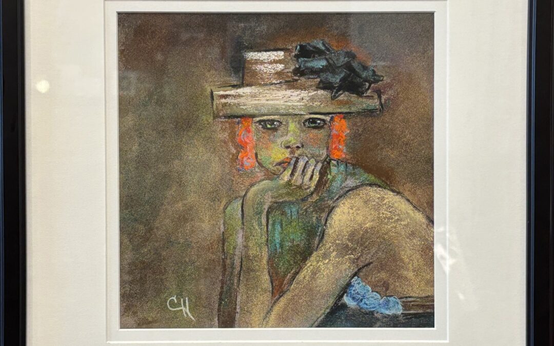 painting of a young woman in a white hat. She is looking at the viewer with her chin in hand