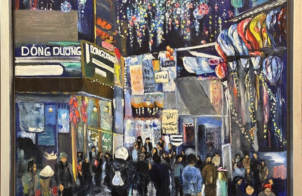 painting of a colorful, crowded street scene in Vietnam.